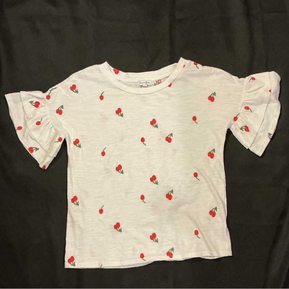 Love Fire White Blouse Embroidered Cherries Ruffle Sleeves Women’s Top Size XS